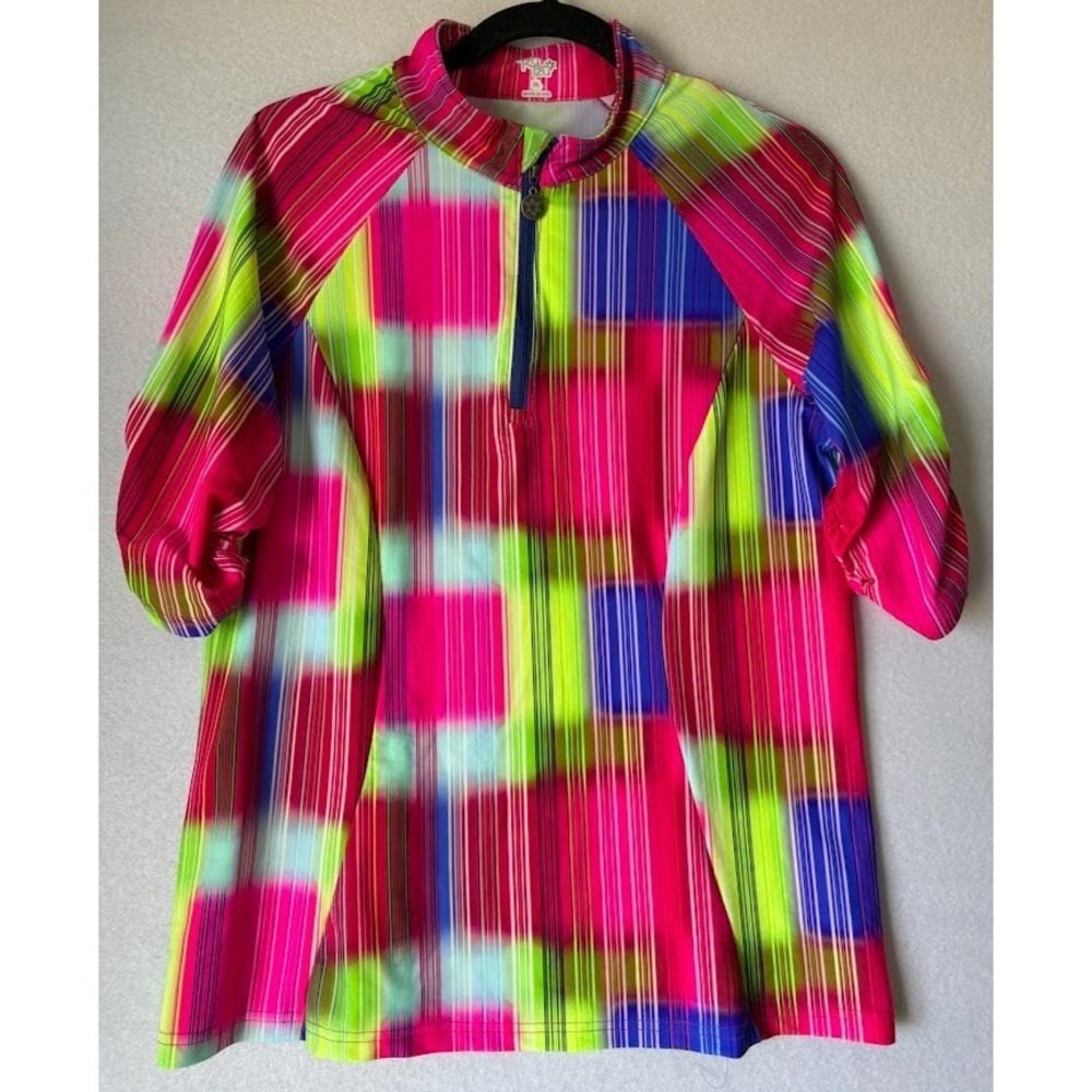 Tzu Tzu Top Golf Women XL Multicolor Striped Quarter Zip 3/4 Sleeve Athletic
